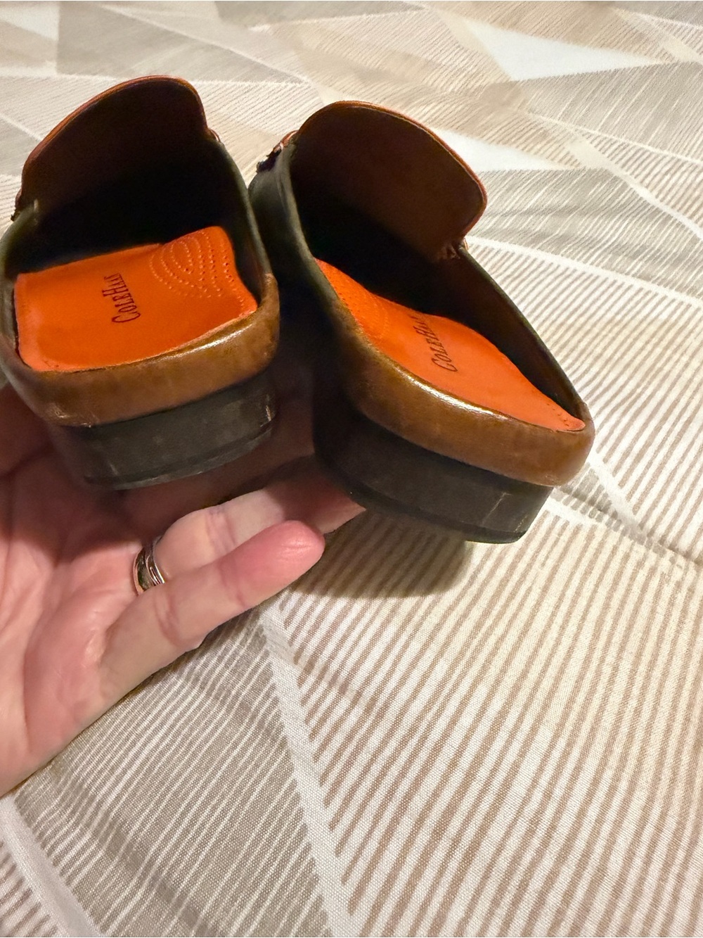 Cole Haan Olive Green Leather Tassel Backless Loafers with Brown/Orange Trim - Picture 6 of 8
